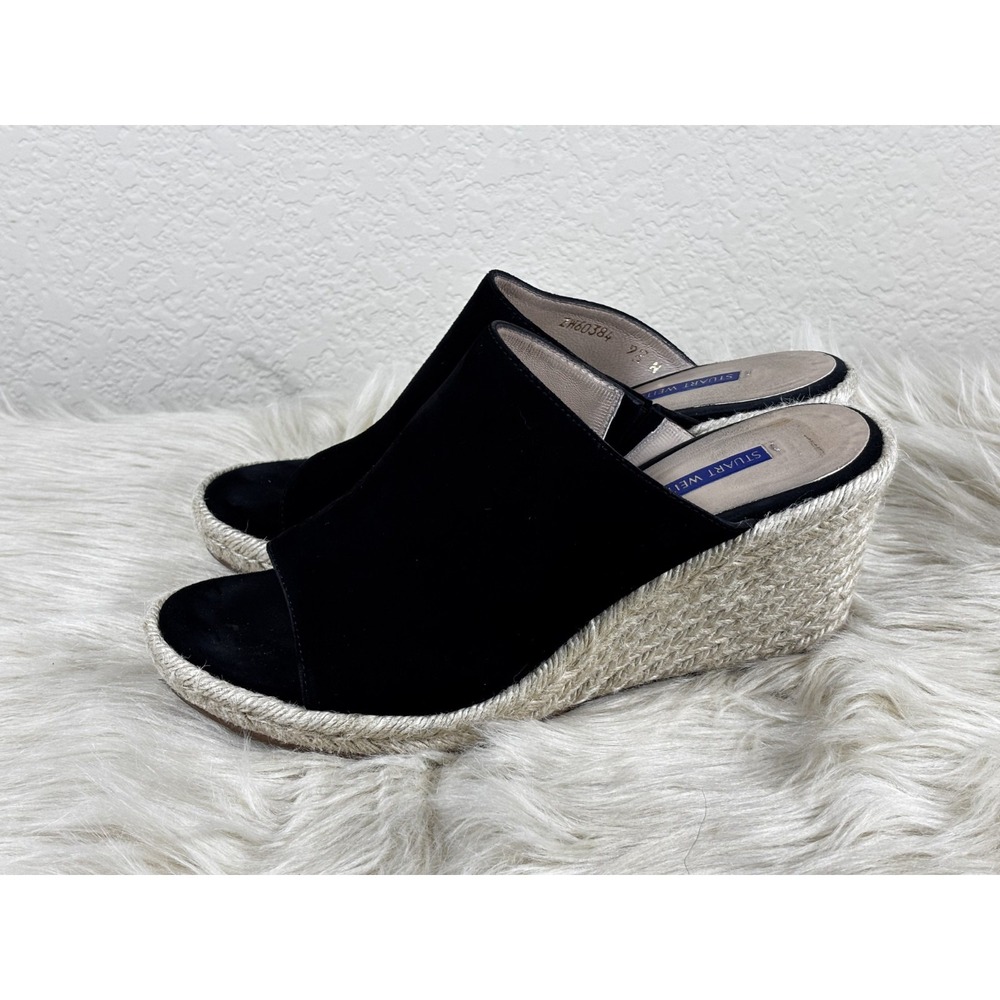 Stuart Weitzman Marabella Wedge Mules Women's 9.5 Black Suede Espadrille - Picture 2 of 8